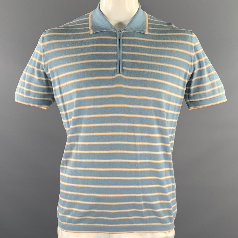 ZEGNA Size L Blue Orange White Stripe Cotton Quarter Zip Polo